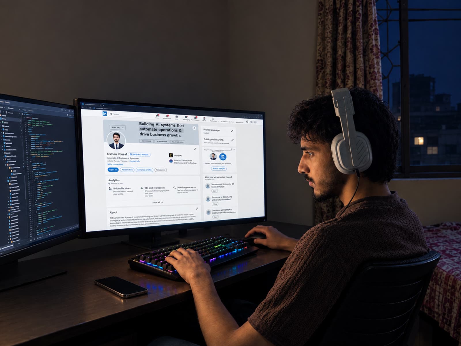 Usman at his desk with both monitors on, his LinkedIn profile open